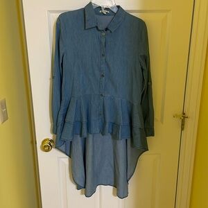 NOBLE U STUNNING BUTTON DOWN RUFFLED JEAN SHIRT